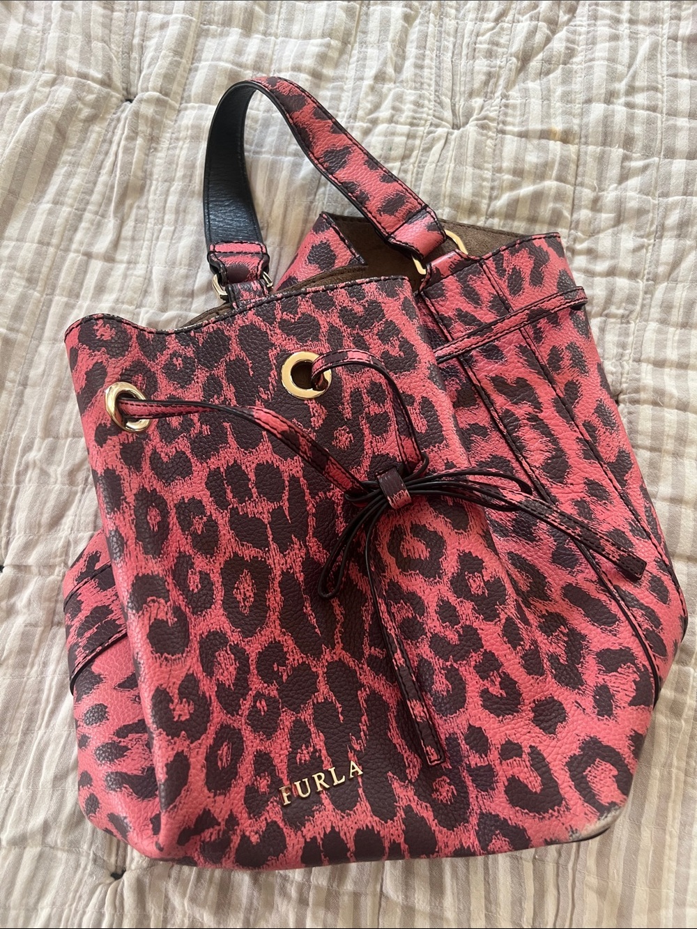 Furla Pink Leopard-Print Drawstring Bucket Bag